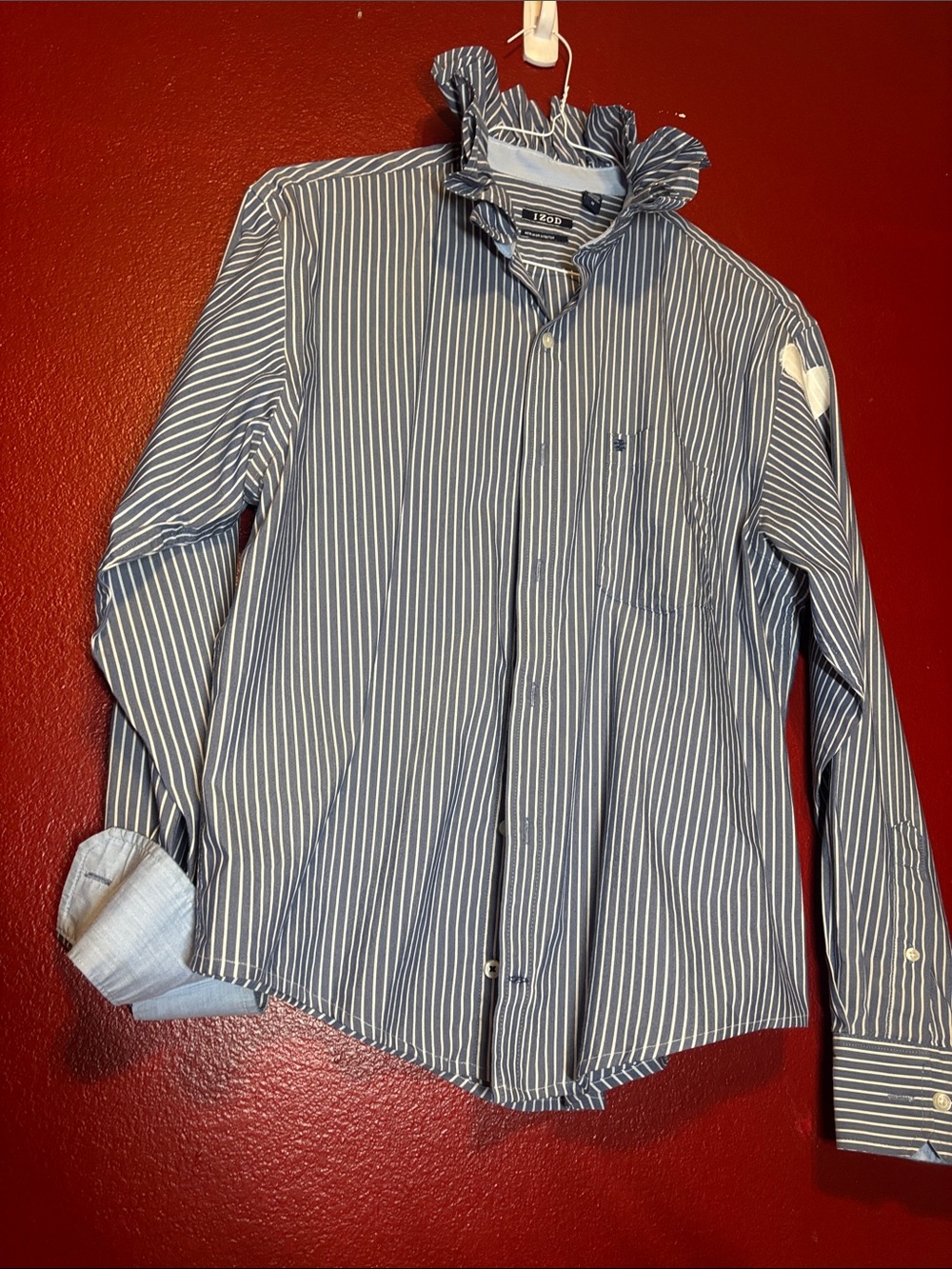 Upcycled/Reloved Izod Blue/White Stripe Ruffled Collar Shirt
